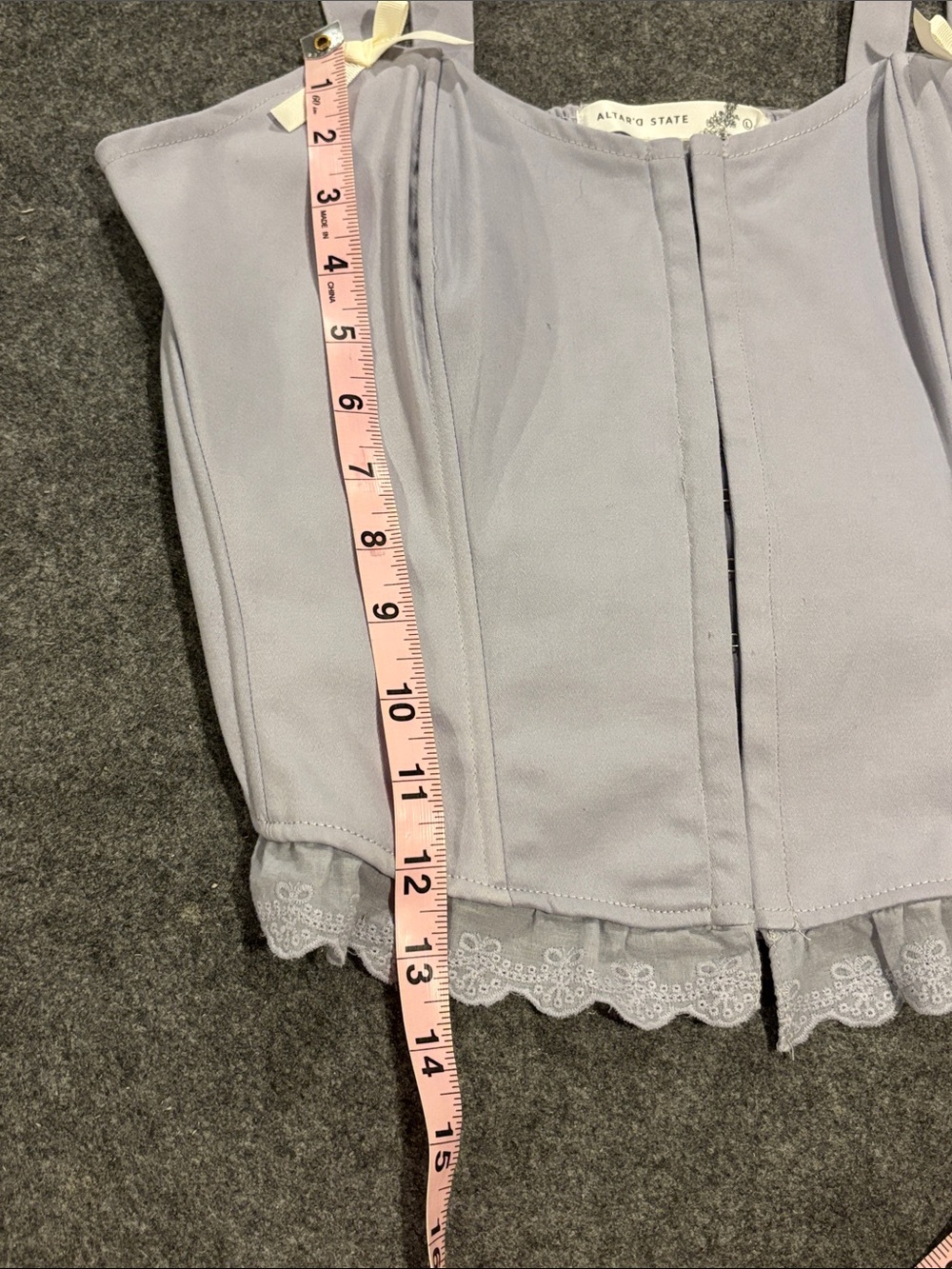 NWT Altar’d State Romantic Boho Grey Dawn Lace Trim Cotton Corset Top Size Large - Picture 10 of 11